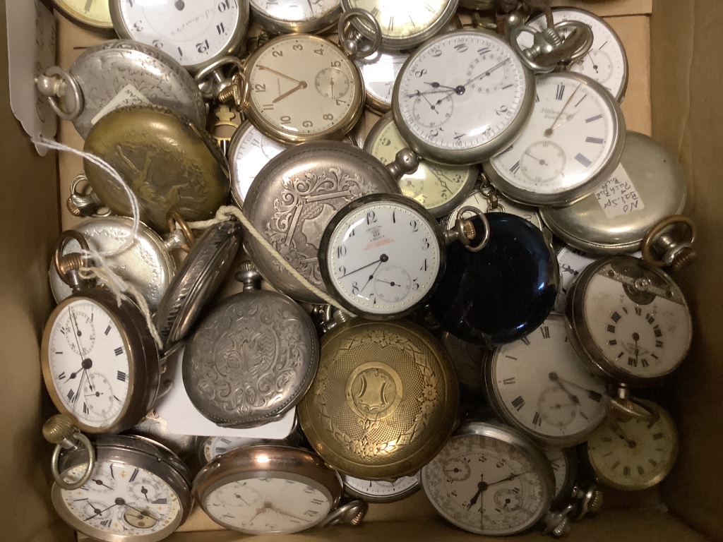 A collection of assorted mainly base metal but includes white metal pocket watches, stopwatches etc. including Longines, Hebdomas and Zenith.